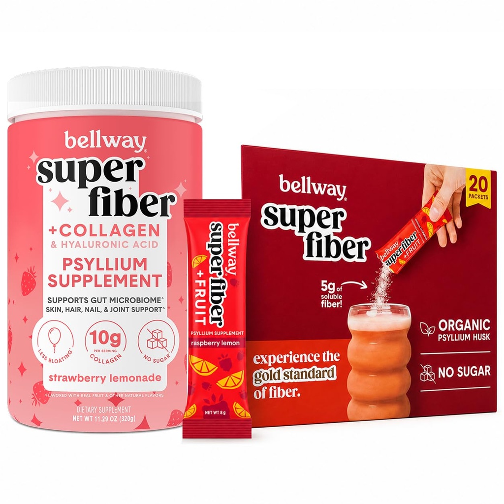 Bellway Super Fiber + Collagen Bundle, Psyllium Husk Powder with Collagen Peptides and Hyaluronic Acid Plus Fruit Fiber Packets, Sugar Free (20 Servings + 20 Packets)