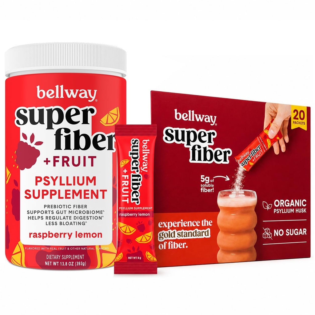 Bellway Super Fiber + Fruit Bundle, Organic Psyllium Husk Fiber Supplement, Sugar Free (50 Servings + 20 Packets)
