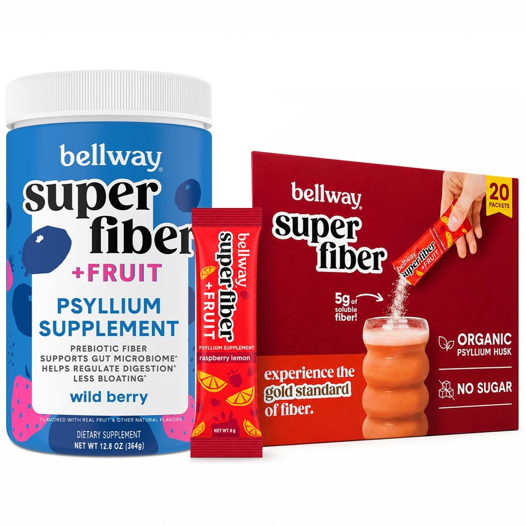 Bellway Super Fiber + Fruit Bundle, Organic Psyllium Husk Fiber Supplement, Sugar Free (50 Servings + 20 Packets)