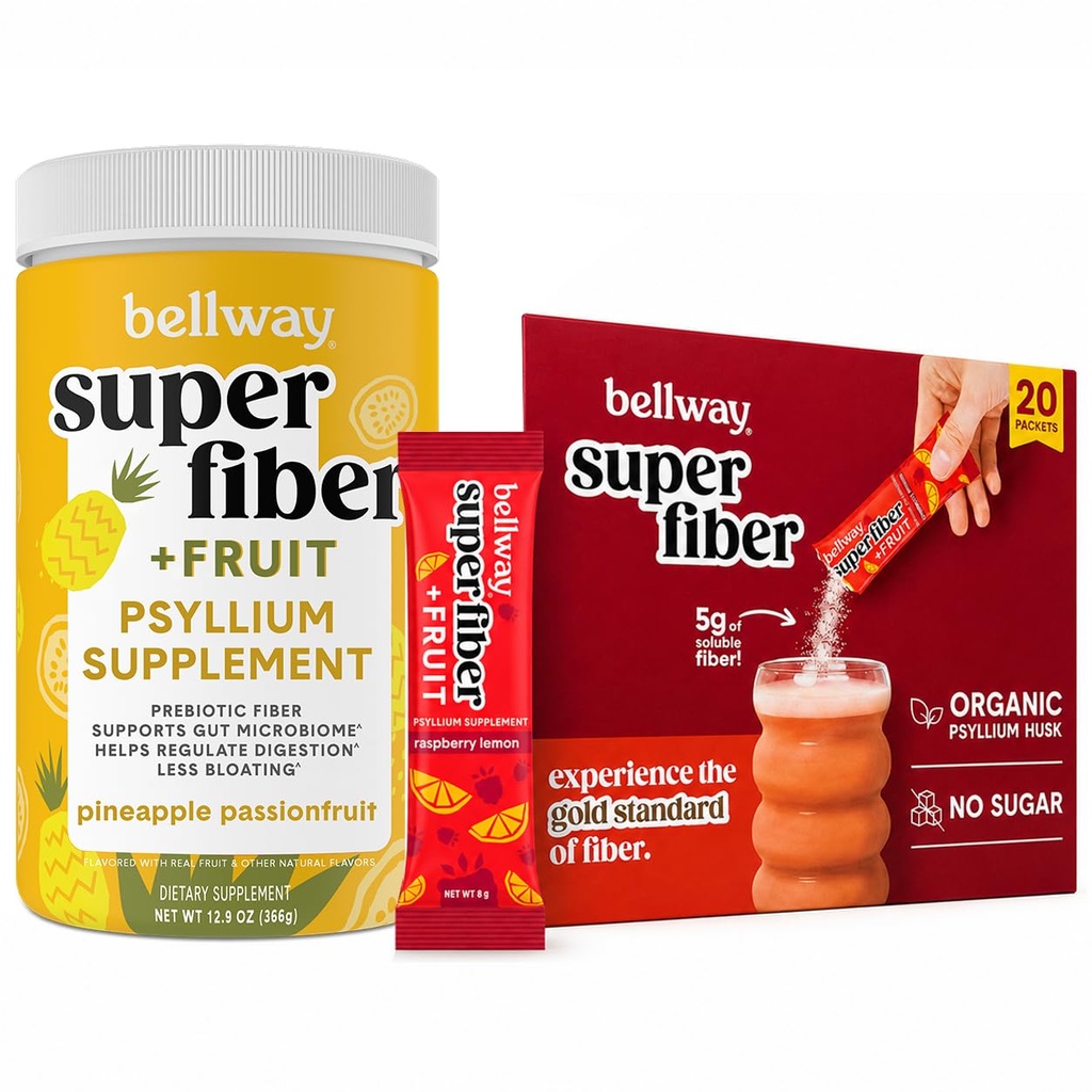 Bellway Super Fiber + Fruit Bundle, Organic Psyllium Husk Fiber Supplement, Sugar Free (50 Servings + 20 Packets)