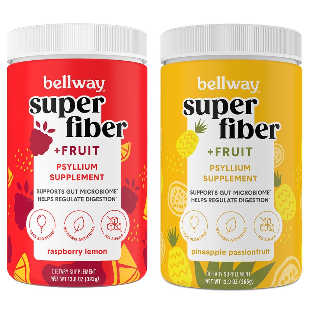 Bellway Super Fiber Powder + Fruit, Sugar Free Organic Psyllium Husk Powder Fiber Supplement for Regularity, Bloating Relief & Gut Health, Non-GMO, Raspberry Lemon & Pineapple Passion Fruit