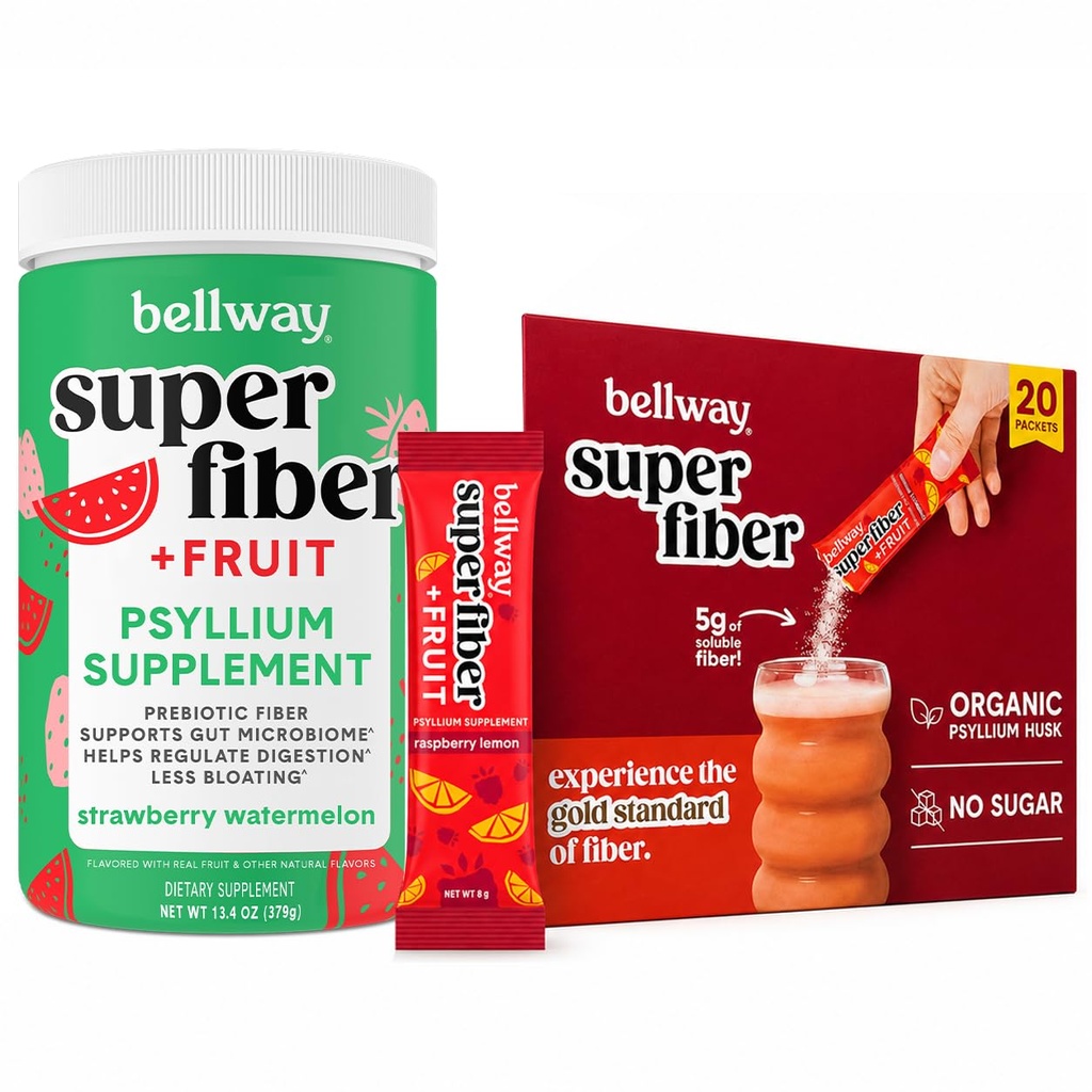 Bellway Super Fiber + Fruit Bundle, Organic Psyllium Husk Fiber Supplement, Sugar Free (50 Servings + 20 Packets)