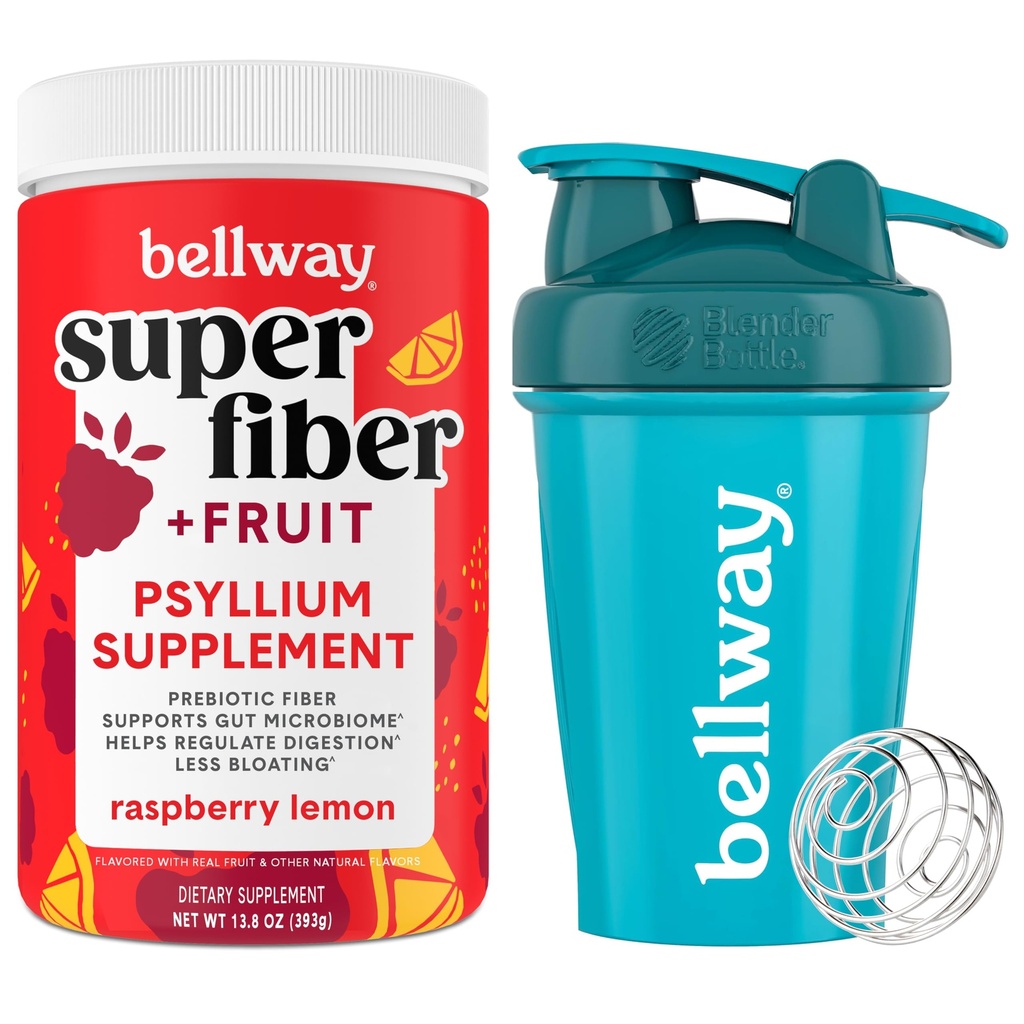 Bellway Super Fiber Powder + Fruit, Raspberry Lemon Shaker Bottle Bundle