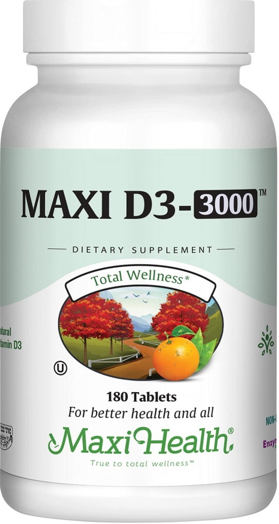 Maxi Health Vitamin D3 3000 IU 75 mcg Συμπλήρωμα βιταμίνης D για υγιή οστά, δόντια, ανοσοποιητική υποστήριξη - VIT D3 συμπλήρωμα εύκολο να καταπιεί μη-GMO, συμπλήρωμα για άνδρες και γυναίκες – Kosher (180 δισκία)