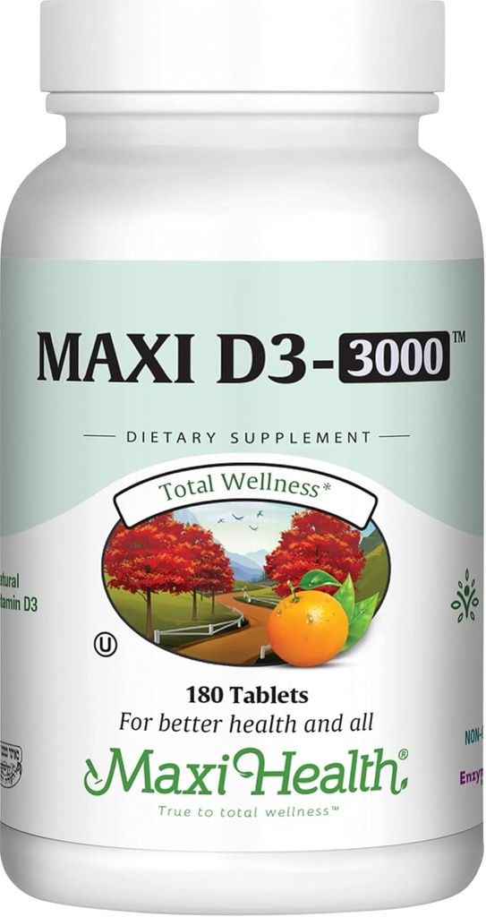 Maxi Health Vitamin D3 3000 IU 75 mcg Vitamin D Supplement for Healthy Bones, Teeth, Immune Support - VIT D3 Supplement Easy to Swallow Non-GMO, Supplement for Men and Women – Kosher (180 Tablets)