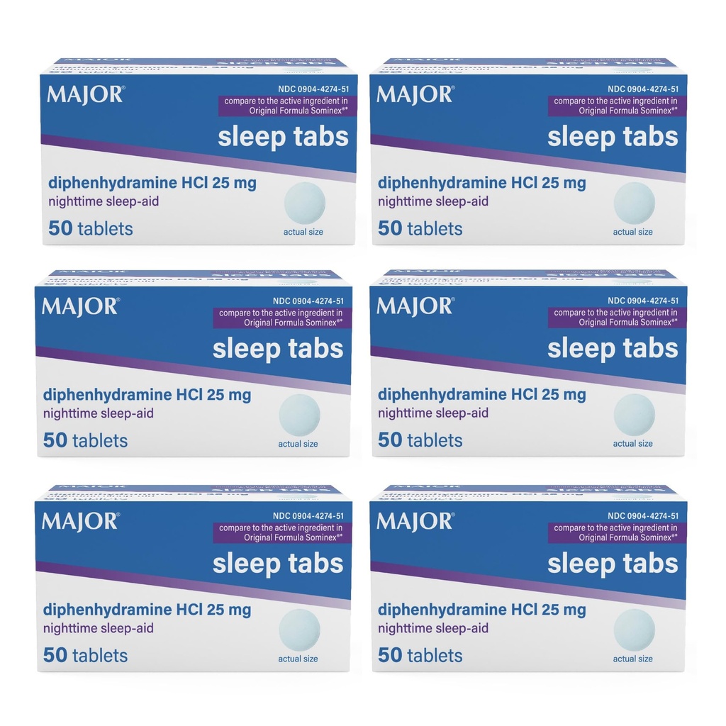 MAJOR Nighttime Sleep Aid Tablets, Diphenhydramine HCl 25 mg, for Adults with Trouble Sleeping, 50 Count (6-Pack)
