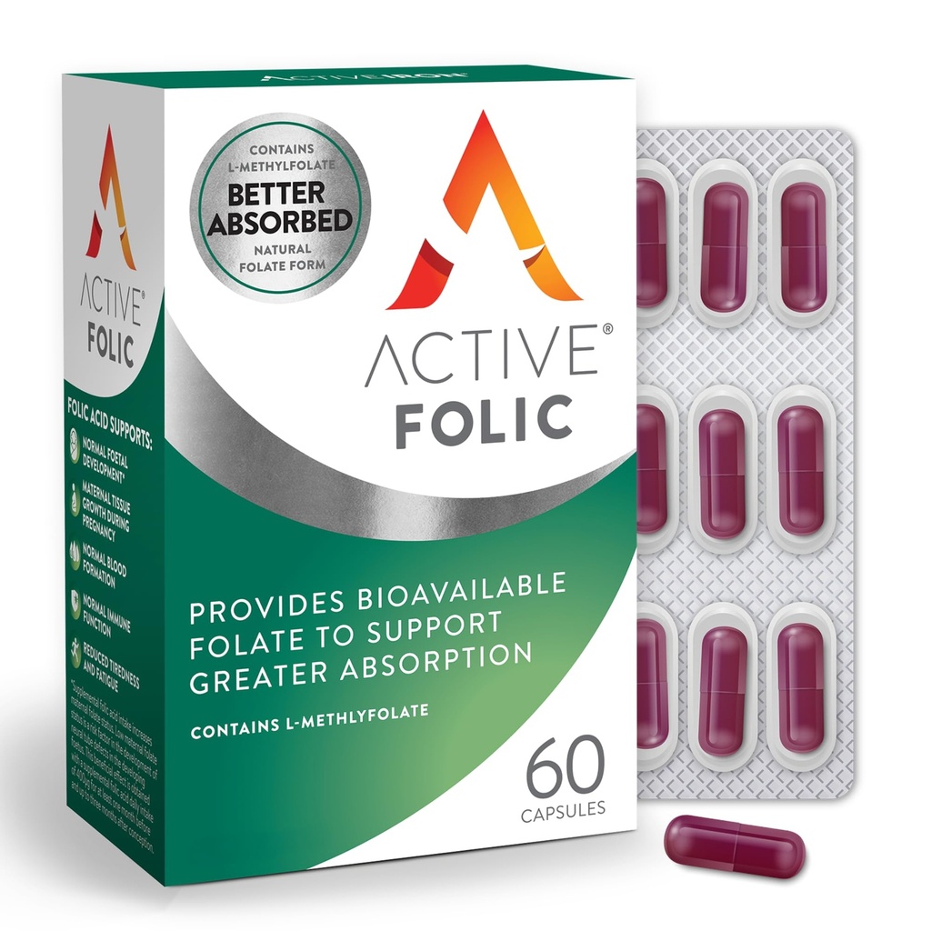 Active Folic Acid Supplement, 400mcg, Supports Pregnancy, Fetal Development, Fights Tiredness, Fatigue, Maximum Absorption of L-Methylfolate, Vegan, Gluten Free, 60 On-the-Go Capsules, 2 Month Supply