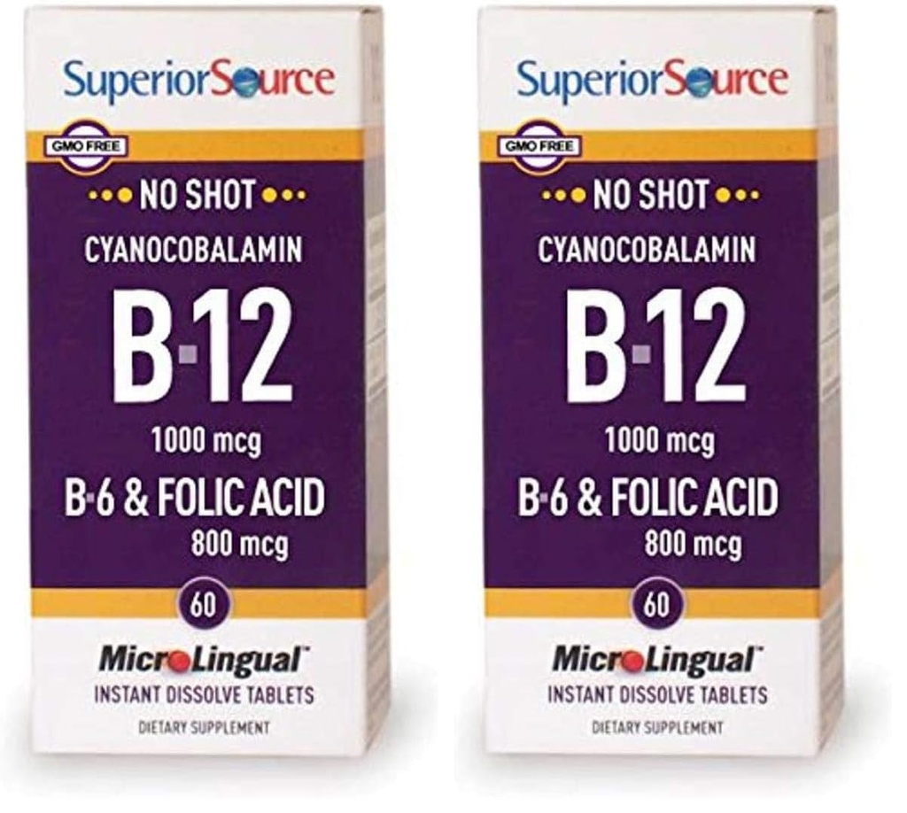 Superior Source No Shot Vitamin B-12 Cyanocobalamin 1000 mcg, B-6, Folic Acid 800 mcg - Support Brain & Heart Health - Aids Natural Energy Levels - 60 Sublingual Dissolving Tablets (Pack of 2)