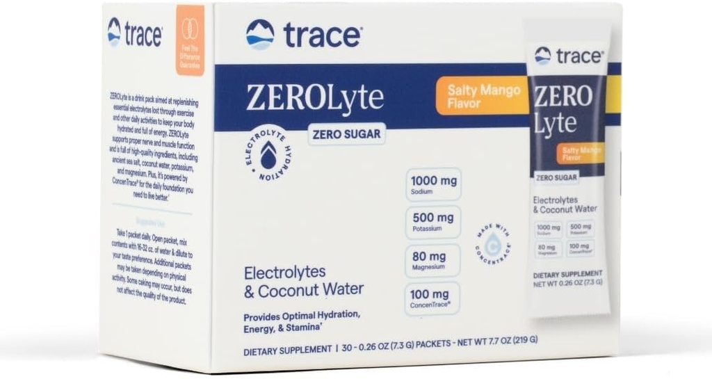 Trace Minerals ZeroLyte - Drink Mix σκόνη υποστηρίζει την ενυδάτωση και την ενέργεια - Βοηθήματα Υγιή νευρωνική & μυϊκή λειτουργία - Υποστήριξη για την υγεία της καρδιάς και της πέψης - Salty Mango, 30 πακέτα (30 υπηρεσίες)