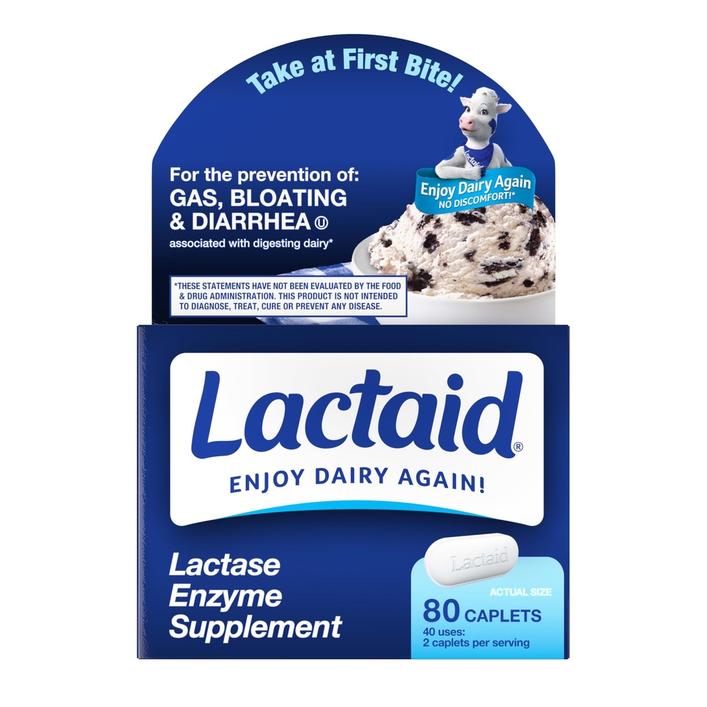 Lactaid Lactase Enzyme Supplement 80ct Caplet + Lactase Enzyme 4500, Dairy Digestive Supplement to Help Prevent Gas, Bloating & Diarrhea Due to Lactose Sensitivity, 80 ct