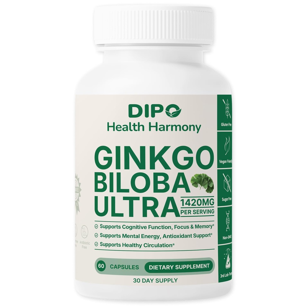 DIPO Ginkgo Biloba Ultra Extra Strength Supports Brain Function & Memory, with Red Asian Panax Ginseng & Ginkgo Biloba, Vegan, 60 Count, Non-GMO & Gluten Free Herbal Supplement