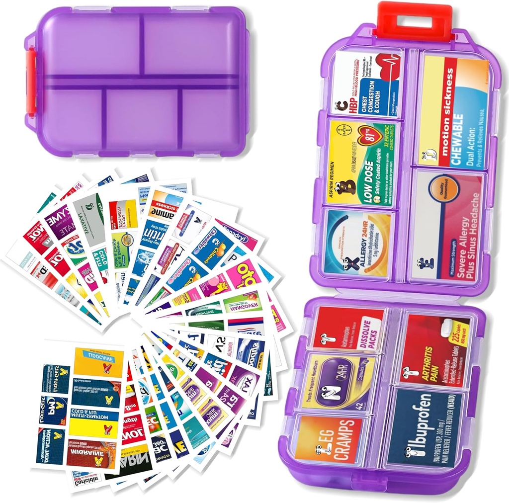 Διοργανωτής χαπιών με ετικέτες Ιατρικής Travel Daily Pill Container Mini Medication Organizer Storage Pill Organizer Travel Essentials Pill Case 7 Day (Purple & 161 Lables)