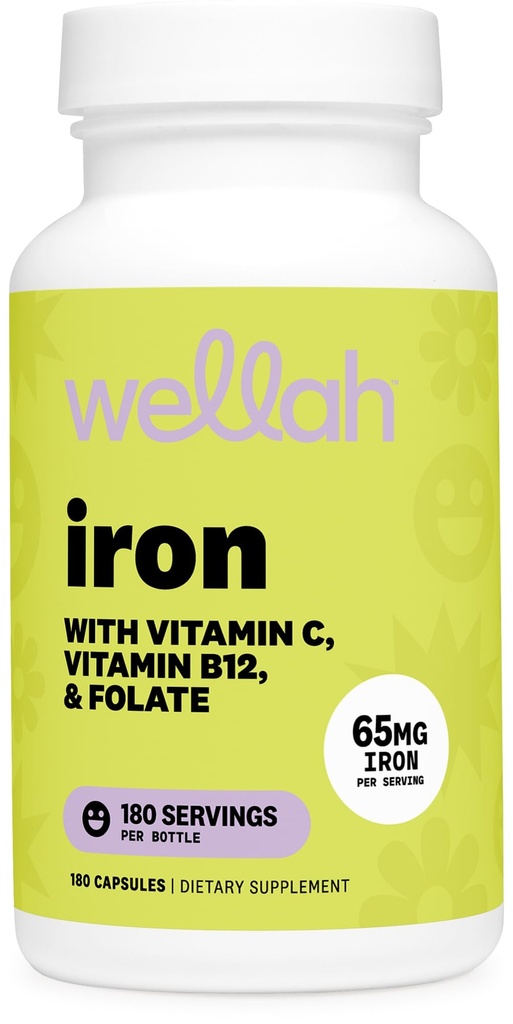 Wellah Iron Supplement for Women (65mg) 180 Capsules - with Vitamin C, Vitamin B12, & Folate