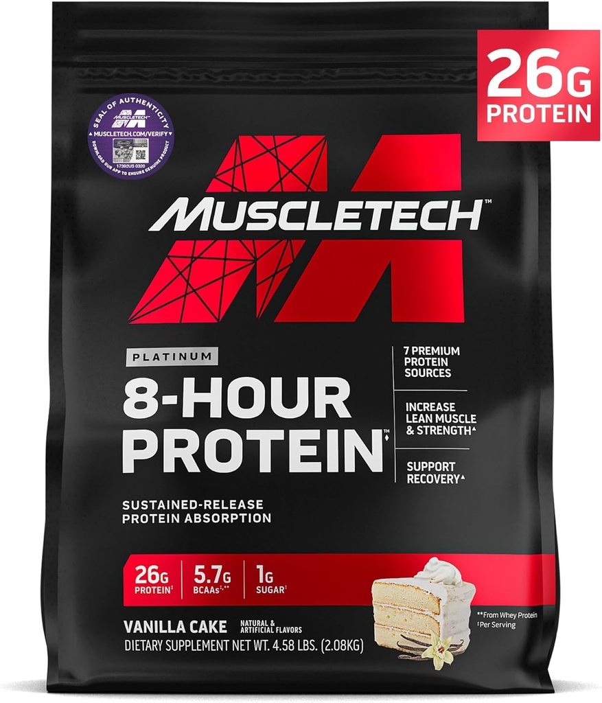 MuscleTech Platinum 8-Hour Protein Powder - 7 Premium Protein Sources with Whey & Casein Protein for Aυξημένη Λίπος Μύες, Δύναμη & Βελτιωμένη Ανάκτηση - Βανίλια Κέικ, 50 Υπηρεσίες