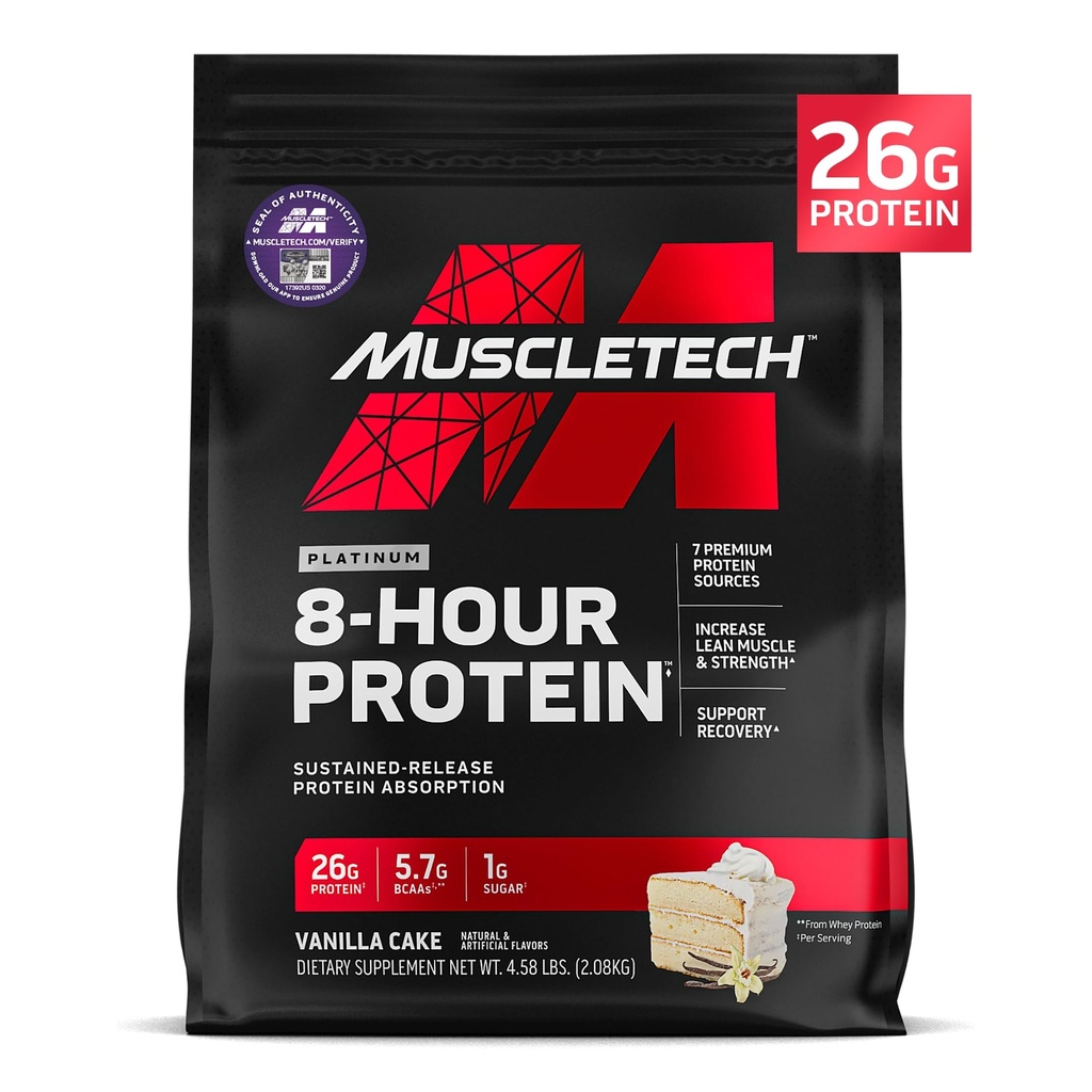 MuscleTech Platinum 8-Hour Protein Powder - 7 Premium Protein Sources with Whey & Casein Protein for Aυξημένη Λίπος Μύες, Δύναμη & Βελτιωμένη Ανάκτηση - Βανίλια Κέικ, 50 Υπηρεσίες