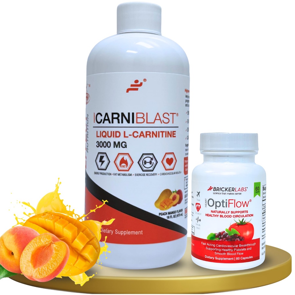 Bricer Labs Ισχύς και απόδοση Duo: Carniblast Liquid L-καρνιτίνη 3000 mg & Optiflow Blood Flow Supplement, 60 κάψουλες