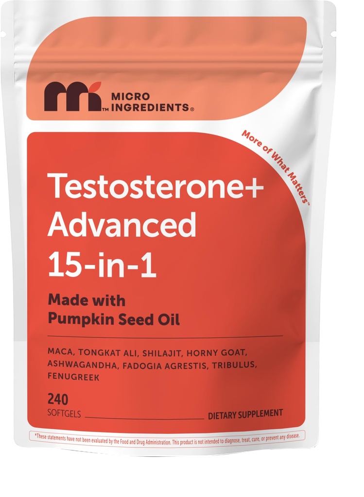 Micro Ingredients Testosterone+ Advanced for Men & Women, 240 Softgels | 15-in-1 Complex with Tongkat Ali, Horny Goat Weed, Shilajit, Maca & Saw Palmetto | Non-GMO