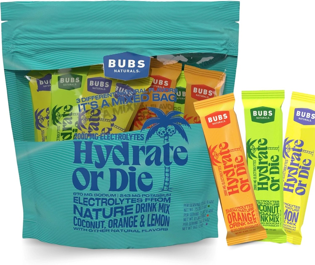 BUBS Naturals Hydration Powder Variety Pack Hydrate ή Die Electrolyte Powder, All-Natural, Keto-Friendly, Gluten-Free, & No Sugar Added, Boosts Energy & Stamina Enhances Recovery, 18 Services