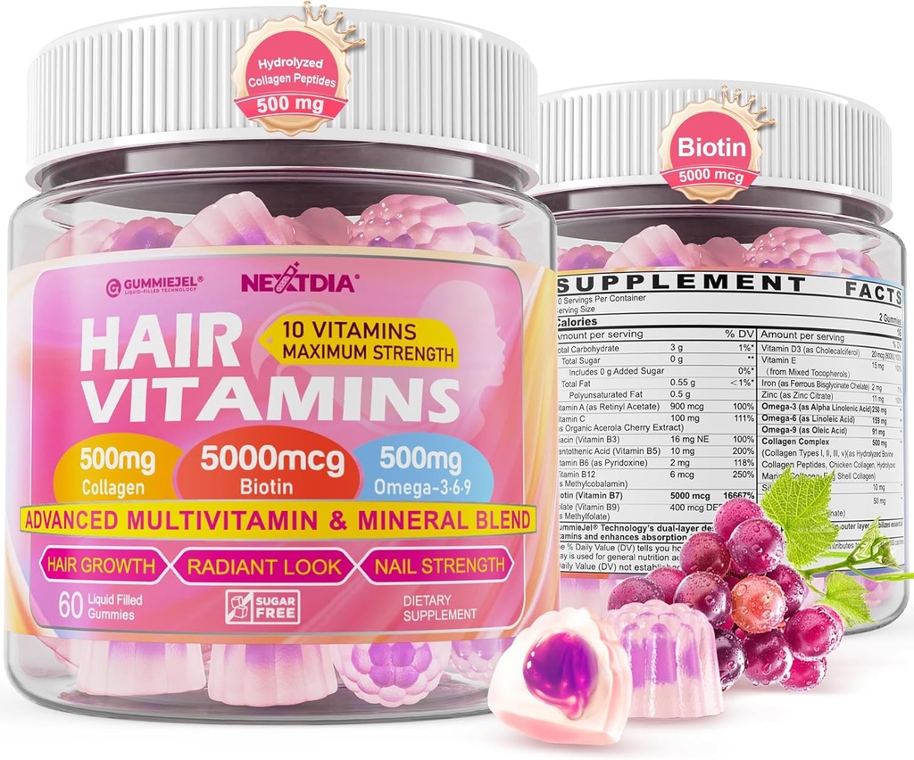 Βιταμίνες για την ανάπτυξη των μαλλιών Liquid-Filled Gummies - Biotin 5000mcg, Hydrolyzed Collagen Peptides, Omega 3-6-9, Hyaluronic Acid, Methylfolate, Methylcobalamin - Healthy Hair, Skin & Nails Συμπλήρωμα για τις γυναίκες