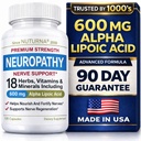 Neuropathy Nerve Support Supplement with 600 mg Pure Alpha Lipoic Acid - Maximum Strength Formula for Fingers, Hands, Toes, & Feet - 120 Capsules