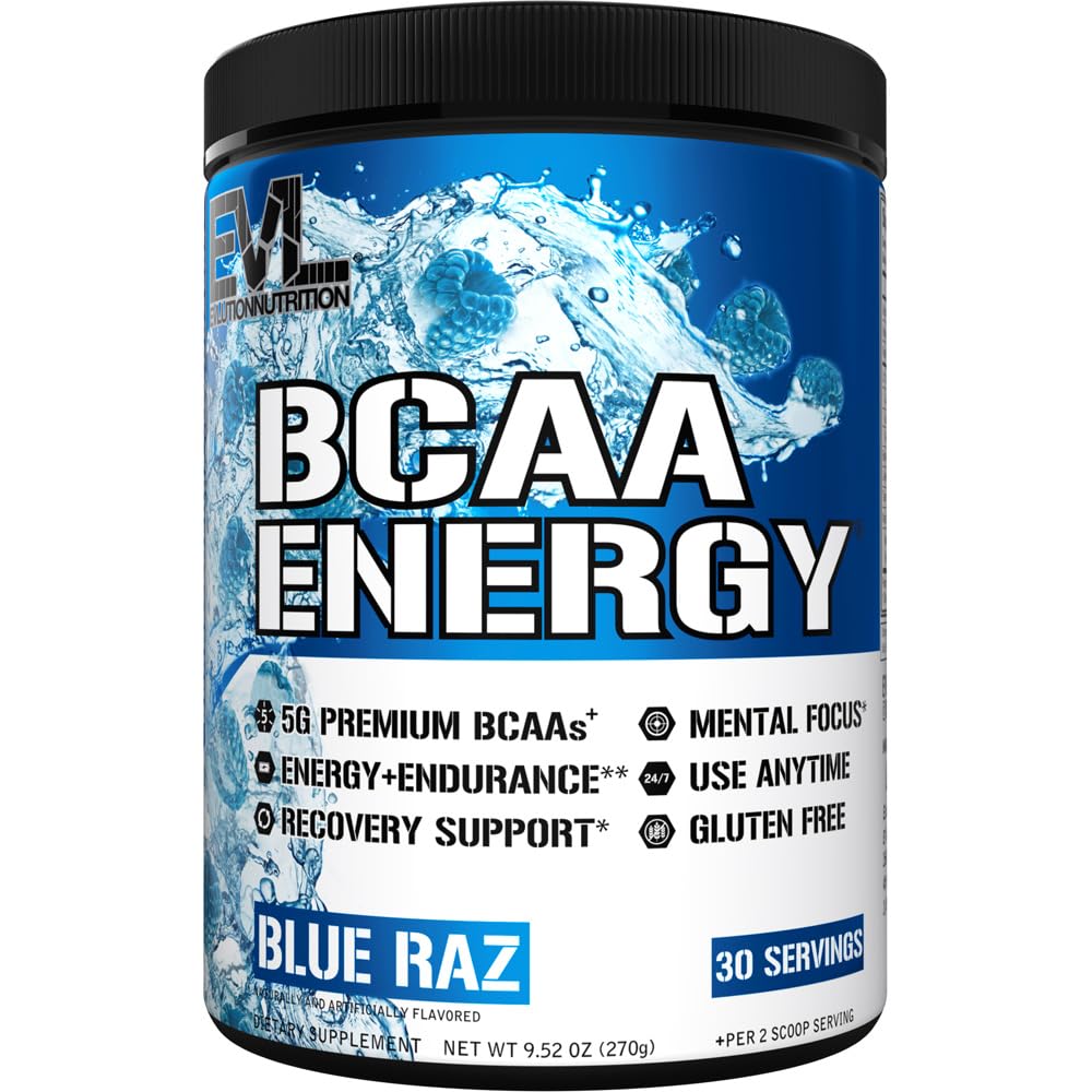 EVL BCAAs Αμινοξέα σε σκόνη - BCAA Ενέργεια προ προπόνησης σε σκόνη για την αποκατάσταση μυών Lean ανάπτυξη και αντοχή - Επανυδάτωση μετά την αποκατάσταση προπόνησης ποτό με φυσική καφεΐνη - μπλε Raz