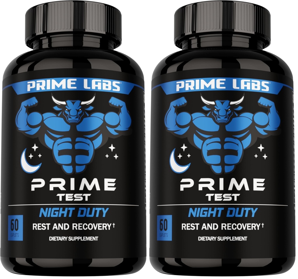 Prime Labs Night Duty - Nighttime Testosterone Booster & Sleep Support - PM Rest & Muscle Recovery Supplements - 60 Count (Pack of 2)