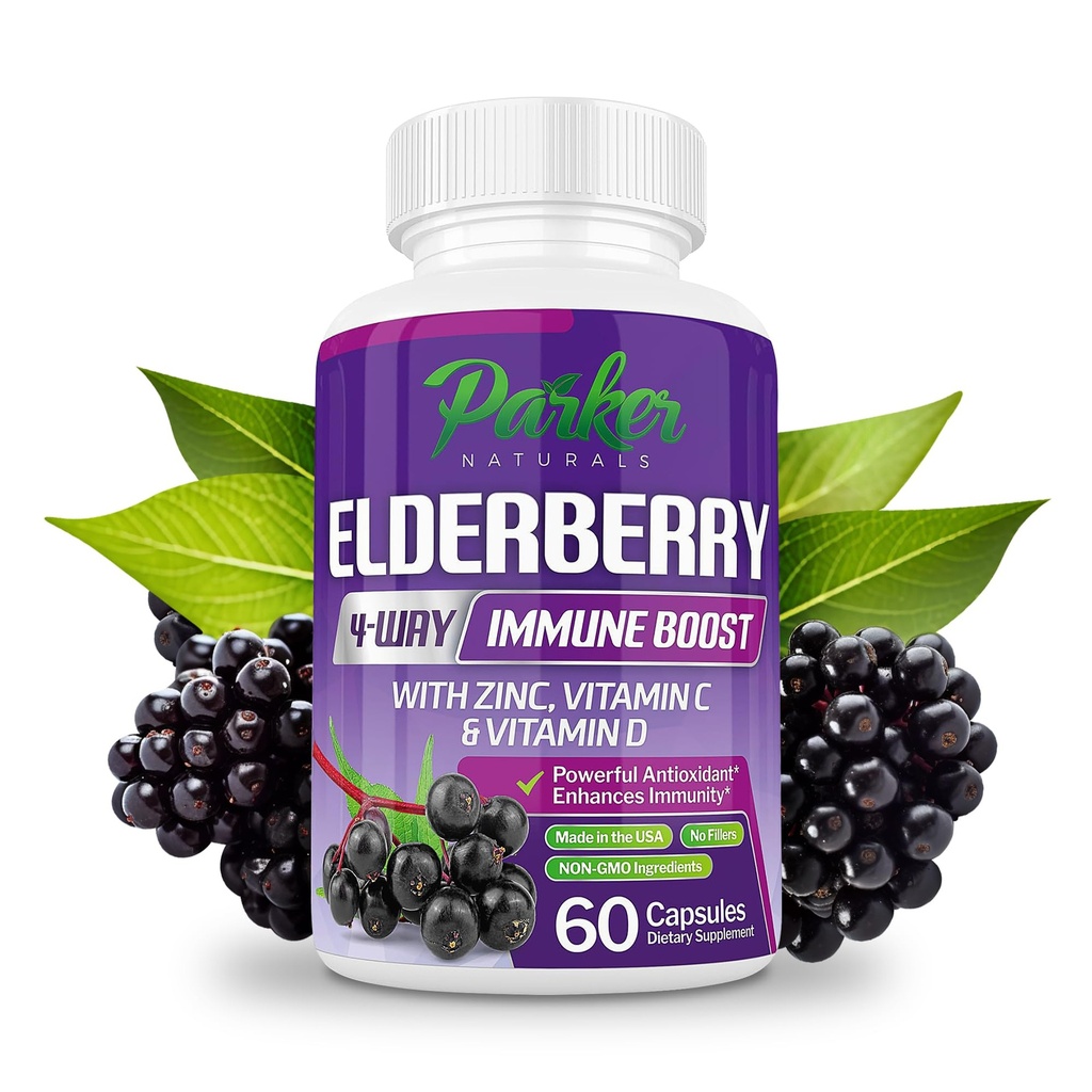 Parker Naturals Βιολογικές κάψουλες Elderberry, 4-Way ανοσοενισχυτική ενίσχυση Elderberries, Βιταμίνες C, D & Zinc Υποστήριξη, 1260. 1 mg Συμπληρώματα Elderberry για Ενήλικες, 60 κάψουλες