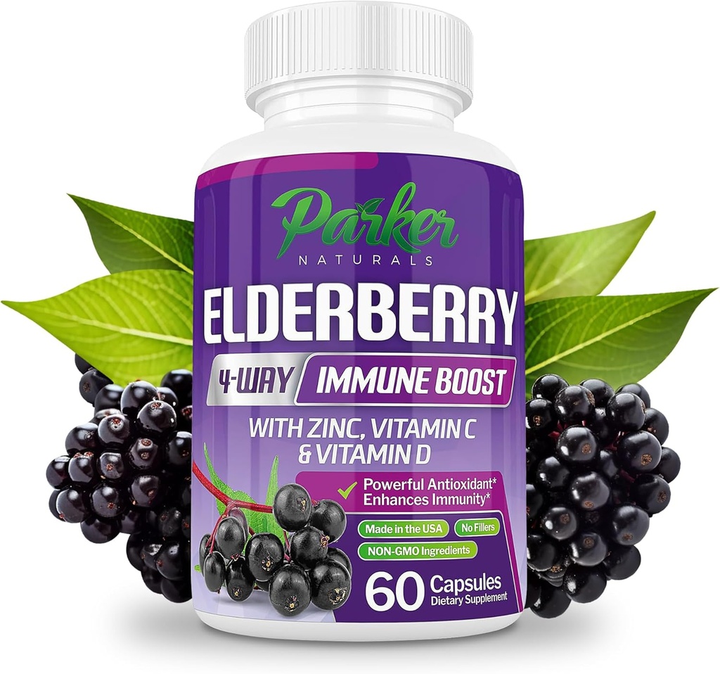 Parker Naturals Organic Elderberry Capsules, 4-Way Immune Boost Elderberries, Vitamins C, D & Zinc Support, 1260.1 mg Elderberry Supplements for Adults, 60 Capsules