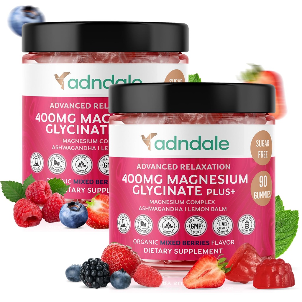 Adndale 180 CT Μαγνήσιο Γλυκινικό Gummys 400 mg/Serv, με Ashwagandha, Μαγνήσιο Μηλεϊκό & Ταυρικό, Ζάχαρη Δωρεάν μάσημα για Ενήλικες & Παιδιά.