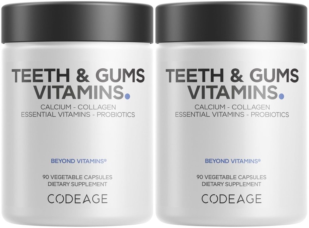Codeage Teeth & Gums Vitamins + στοματικό συμπλήρωμα προβιοτικών για το στόμα - Ολόκληρα τρόφιμα Ασβέστιο, Κολλαγόνο, Κάλιο, Βιταμίνη C, D3, K2, Ψευδάργυρος – Στοματική Φροντίδα & Οδοντιατρικά συμπληρώματα πολυβιταμίνης - 2 Pack