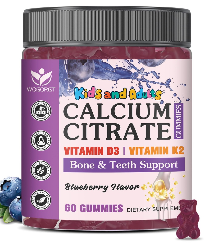 Calcium Citrate Gummies with Vitamin D3 for Kids & Adults - 600mg/1200mg Calcium Citrate Supplement with Vitamin D3 & K2 for Women & Men - Bone & Immune Support - Sugar Free, Blueberry Flavor, 60 Ct