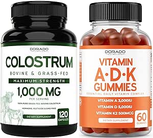 Colostrum (120 Count) Bovine Colostrum Capsules συμπλήρωμα για ενήλικες και ADK βιταμίνη D3 (60 Gummies) D & K - 10 Vegan συμπλήρωμα - Delicious Raspberry Flavor - Μη ΓΤΟ Δοκιμασμένο τρίτο μέρος - USA Made