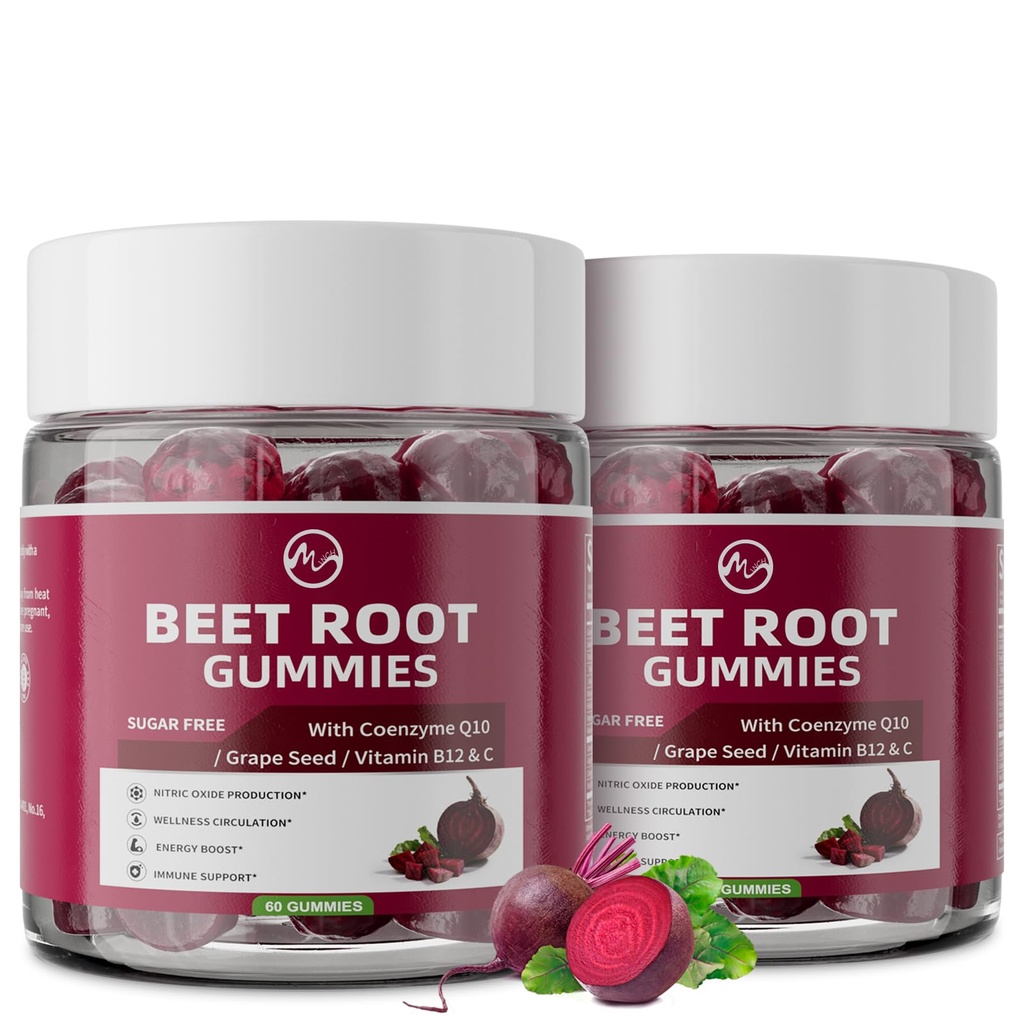 M inch Beet Root Gummies, Blood* Pressure Support & Nitric Oxide Booster, 8-in-1 Wellness Formula with Grape Seed, Coq10, Folic Acid, Vitamin C, B3 & B12, Sugar Free, Vegan, Pomegranate Flavor, 2 Pack