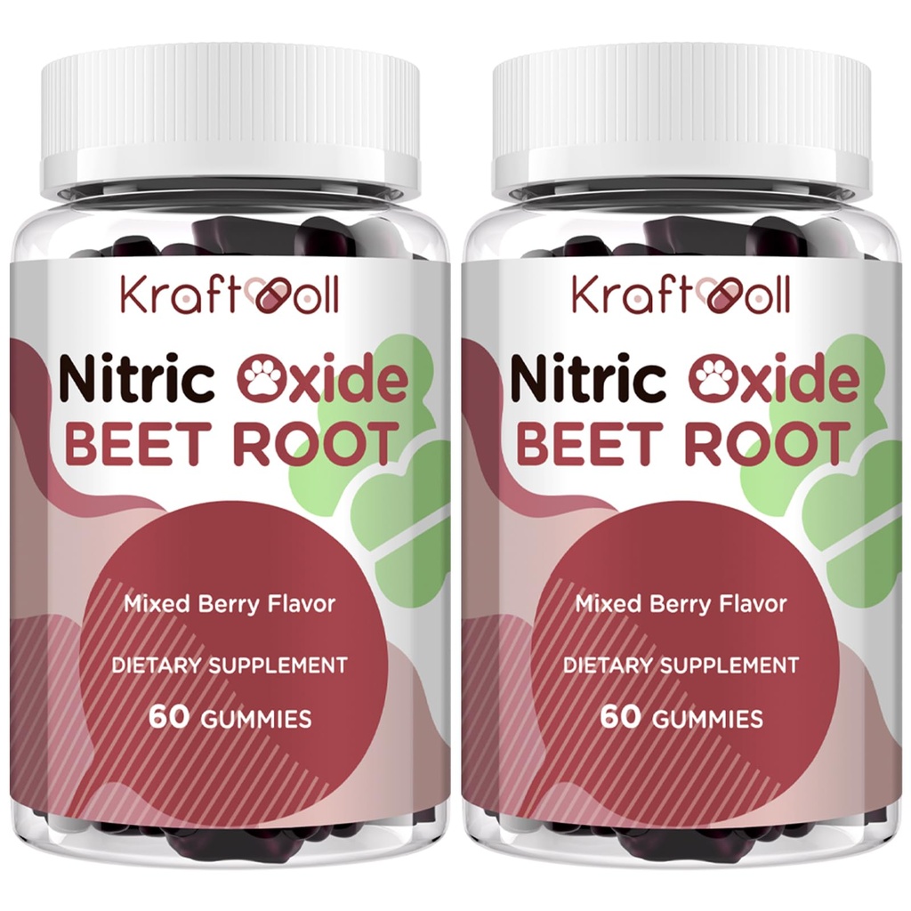 Nitric Oxide Beet Root Gummies – Sugar-Free Beet Chewables, Mixed Berry Flavor with Grapeseed Powder, Pomegranate, Vitamin C & B12 – Nitric Oxide Supplements for Men – 60 Gummies (2 Bottles)