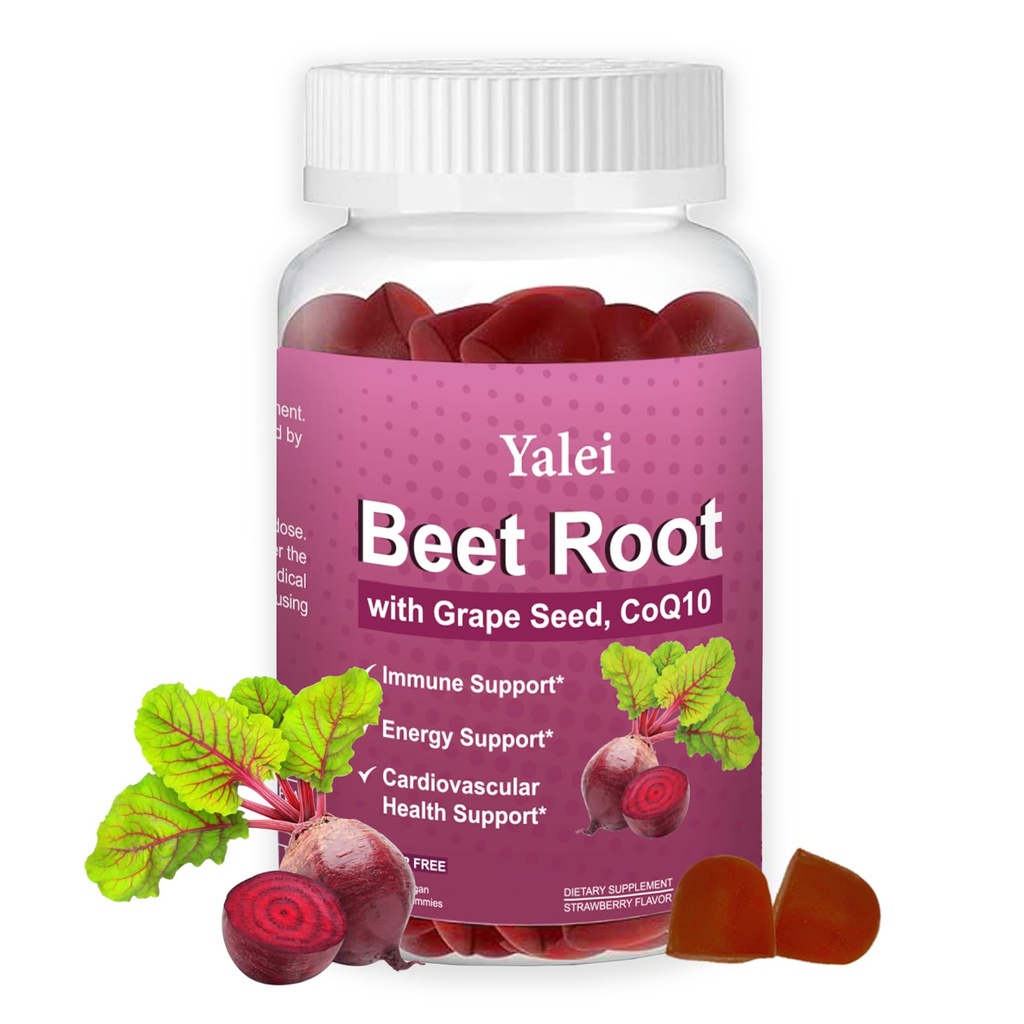Beet Root Gummies for Blood Pressure | Sugar-Free | Beetroot Supplement with 1000 mg Beet Root, 1000 mg Grape Seed Extract & 200 mg CoQ10 | Vegan Non-GMO | Strawberry Flavor