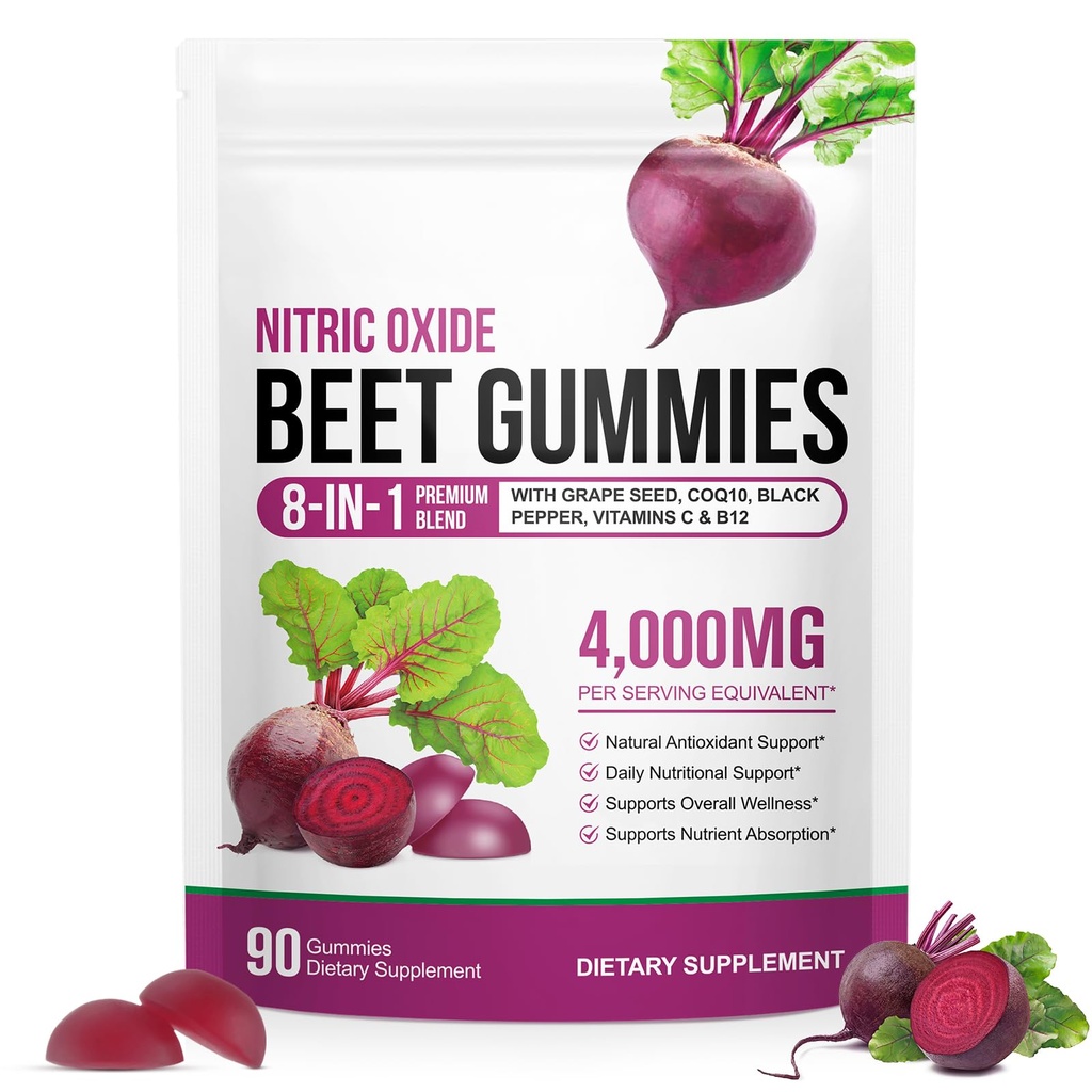 Beet Root Gummies 200mg - 8-in-1 Heart & Circulation Support Supplement - High Potency Beet Chews with Beetroot, Grape Seed, CoQ10, Vitamin C & B12 - Mixed Berry Flavor, Vegan, 90 Count