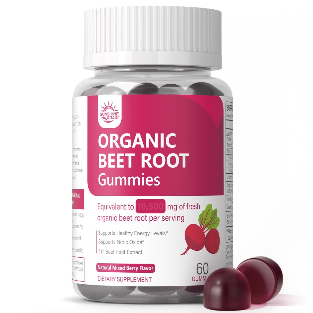 Organic Beet Root Gummies – Nitric Oxide Beetroot Gummies for Circulation, Heart & Energy Support with 21:1 Extract, Grape Seed & Black Pepper for Absorption – Sugar Free, Vegan, Non-GMO丨60 Gummies