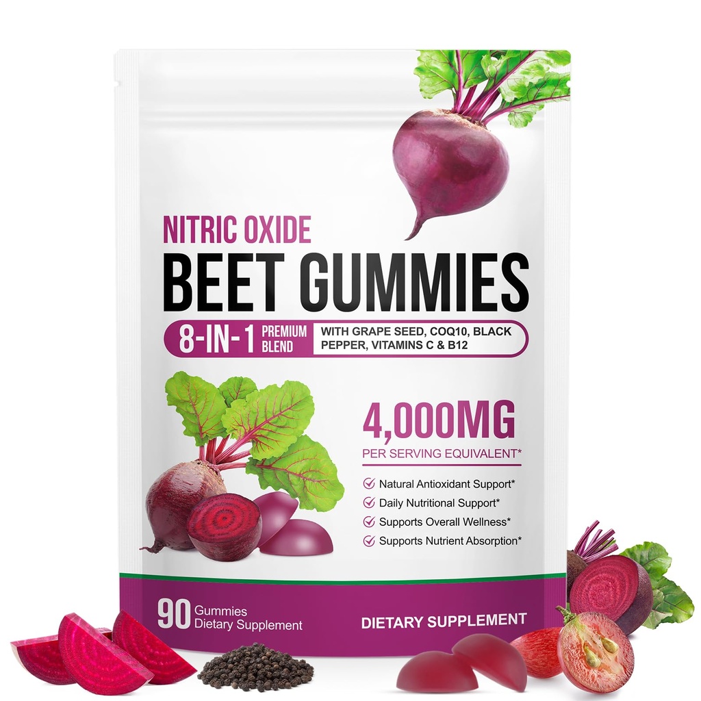 Beetroot Gummies, 90 Gummies 20:1 High-concentration Beetroot Extract Supplement with COQ10, Vitamin C, B12, Grape Seed Extract & Black Pepper, Boost Energy Levels, Supports Immune & Heart Health