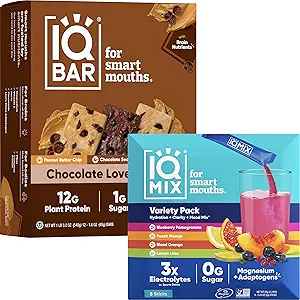 IQBAR Brain and Body Keto Protein Bars - 12 Count Chocolate Lovers Variety Low Carb, Vegan Bars & IQMIX Sugar Free Electrolyte Packets Powder - 8 Count Sampler Pack Keto Electrolytes with Lions Mane
