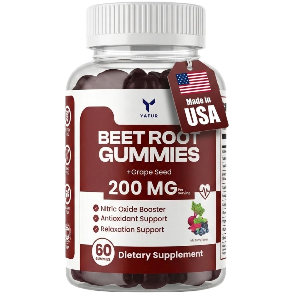 Beet Root Gummies for Blood Pressure Support, 60 Gummies with COQ10 100mg, Grapeseed Extract, Vitamin B12, C, B6, Niacin and it is Vegan Non-GMO & Gluten Free (60 Count, Mix Berry)