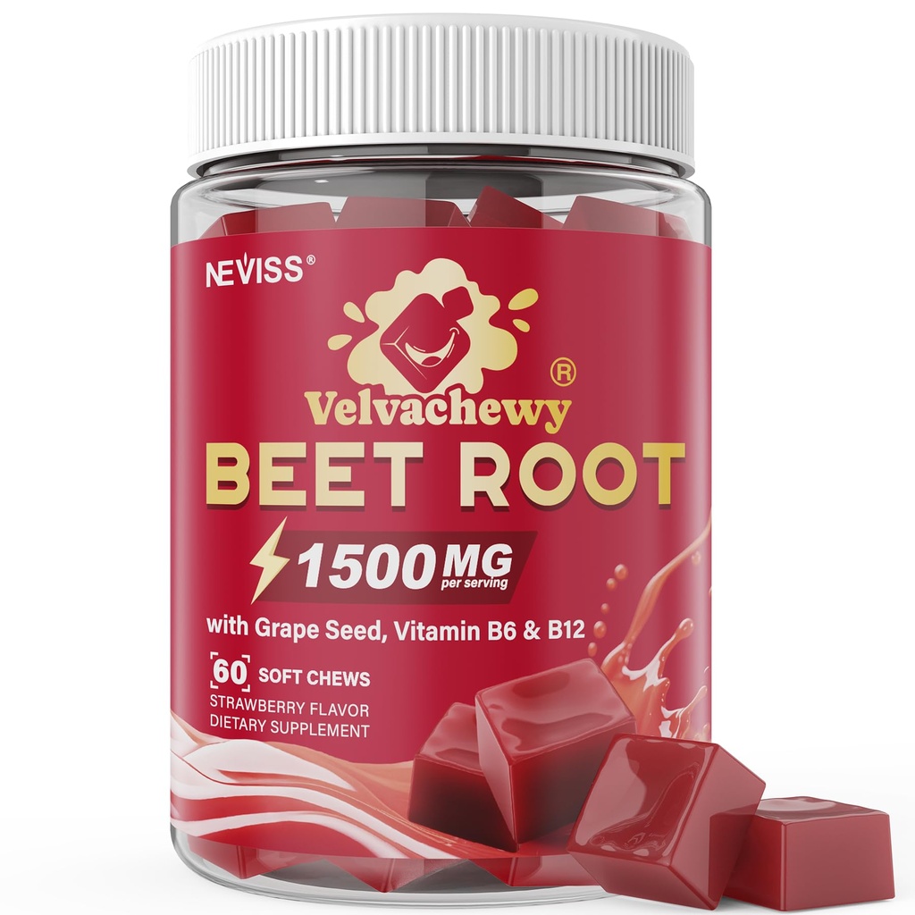 NEVISS Beet Héāŗt Chews 1500mg, Nitric Oxide and Blood Préssũre Support, 5 in 1 Beets Supplements w/Grape Seed, L-Citrulline, Vitamin B6 & B12 for Energy & Circulation Support, 60 Chews, Sugar-Free