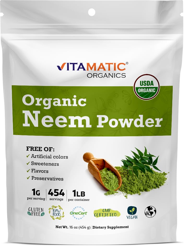 Vitamatic Certified USDA Organic Neem Leaf Powder – 1 lb (16 oz) 100% Pure Azadirachta Indica | Traditional Ayurvedic Herb for Skin, Immune, and Detox Support