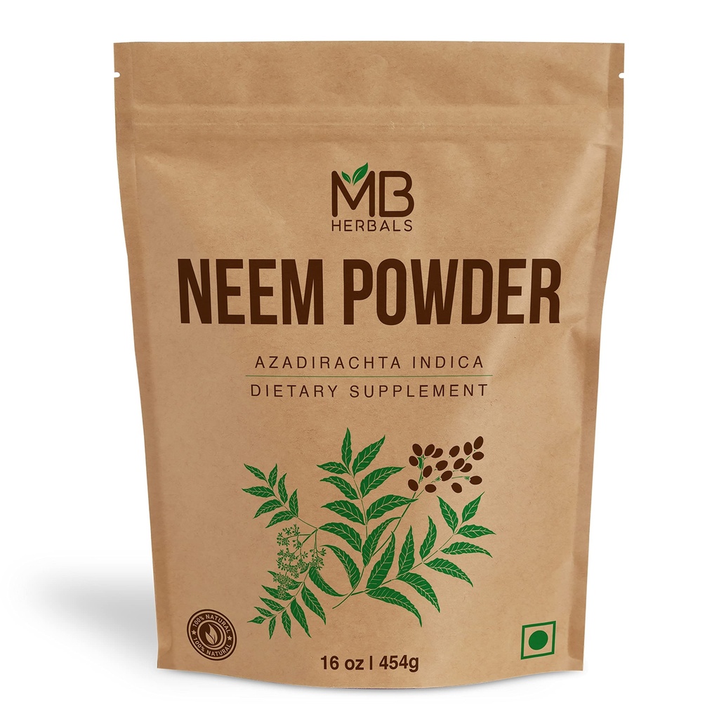 MB Herbals Pure Neem Powder 1 Pound | 16 Oz | 454 Gram | Wild Crafted Neem Leaf Powder | Very Bitter | Supplement for Skin and Hair Care | Azadirachta Indica