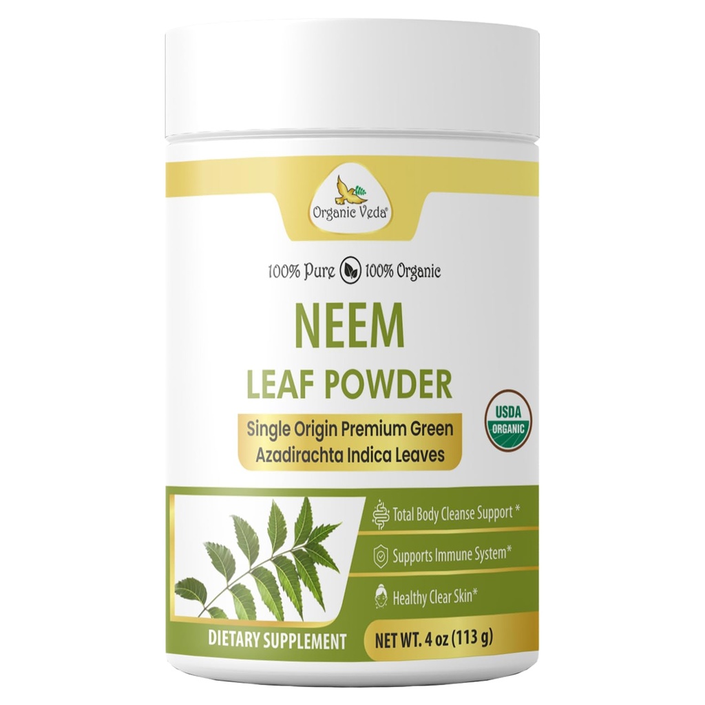 Organic Veda Neem Leaf Powder - Gentle Dried Organic Neem Leaves Powder - Herbal Supplement for Skin, Gut Cleanse & Immune Support - Non-GMO, Gluten-Free, Vegan – 4 oz