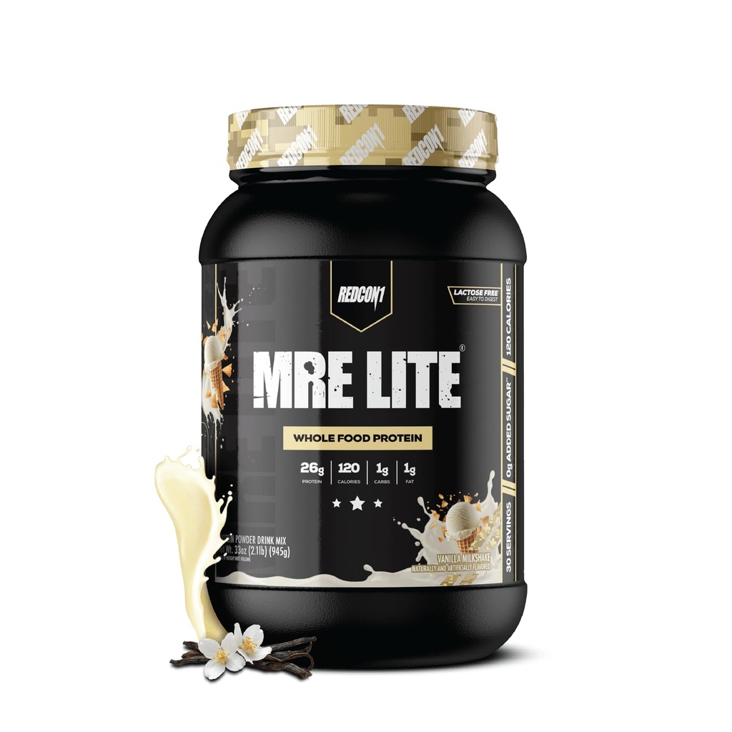 REDCON1 MRE LITE Whole Food Protein Powder, Vanilla Milkshake - Lactose Free & Sugar Free Meal Replacement with Animal Protein Blends - Easy to Digest Formula - Only 1g Carb per Serving (30 Servings)