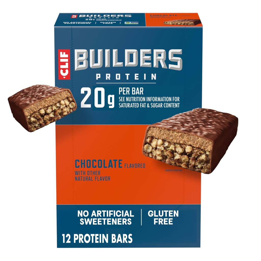 CLIF BUILDERS Protein Bars - Chocolate Flavor - 20g Plant Based Protein - Gluten Free - Non-GMO - Low Glycemic - No Artificial Sweeteners - 2.4 oz. (12 Pack)