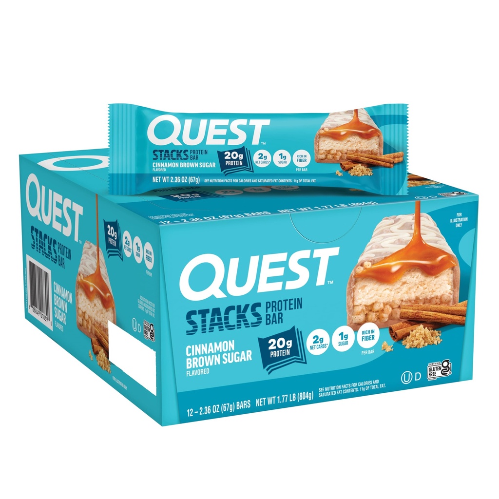 Quest Nutrition Stacks Protein Bars, Cinnamon Brown Sugar, 20g Protein, 2g Net Carbs, 1g Sugar, High Fiber, Low Sugar, Gluten Free, 12 Count