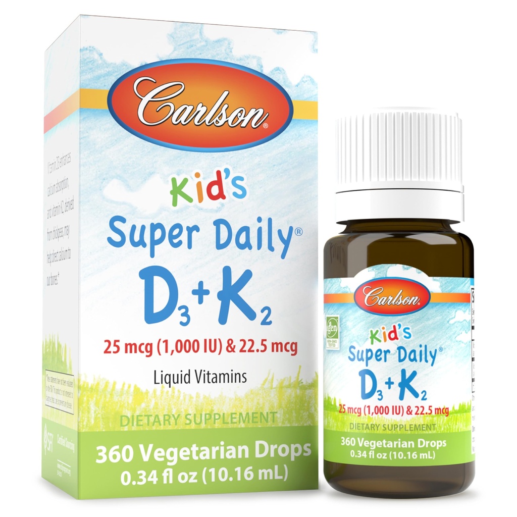 Carlson - Kid's Super Daily D3+K2, 25 mcg (1,000 IU) D3 & 22.5 mcg K2, Vitamin D Drops with Vitamin K2, Liquid Vitamins, 1000 IU Vitamin D3, Heart & Bone Health, 1-Year Supply, Unflavored, 360 Drops