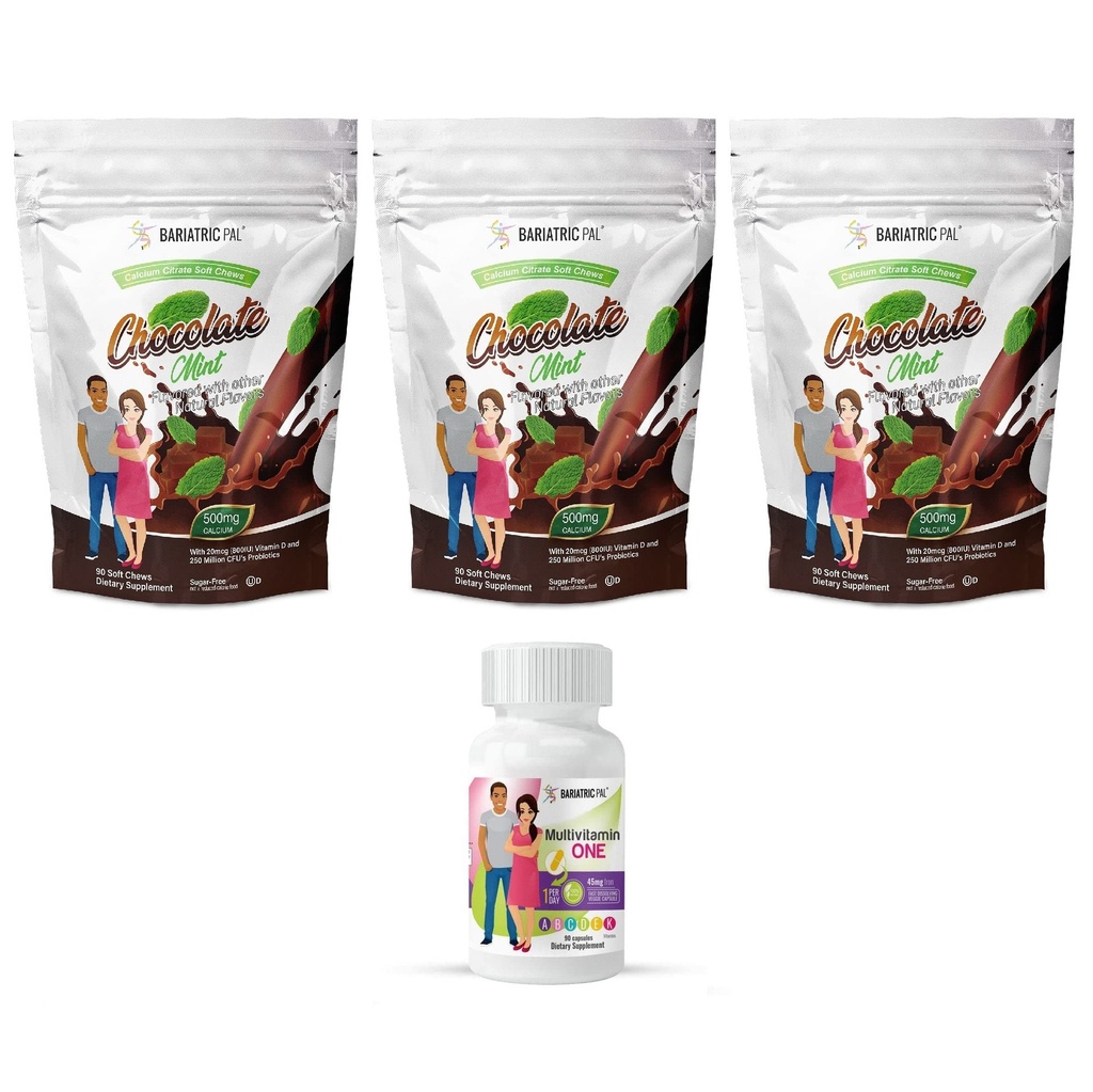 BariatricPal 90-Day Bariatric Vitamin Bundle (Πολυβιταμίνη 1 ανά ημέρα! Καψάκιο με 45mg Σιδήρου και ασβεστίου Κιτρικό Μαλακό Μασάμες 500mg με Προβιοτικά - Μέντα σοκολάτας)