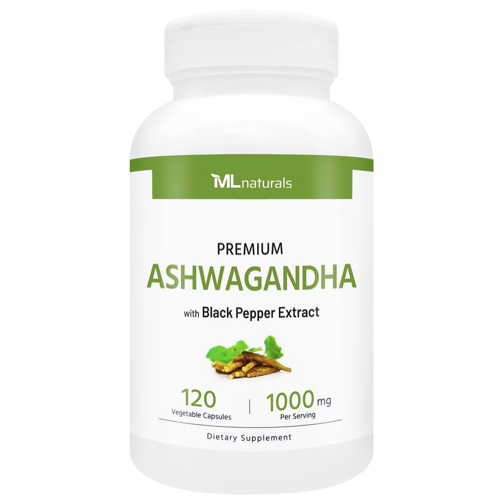 ML Naturals Organic Ashwagandha Powder 600mg, Ashwagandha Extract 400mg, Black Pepper Extract 10mg (Per Serving) 120 Vegetable Capsules
